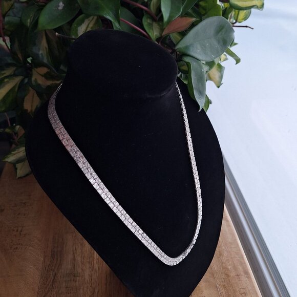 Vintage Silver Tone Textured Square Link Necklace Bracelet Set Matching - Picture 1 of 7